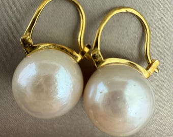 13mm Large Genuine 4A Freshwater Pearl Earrings 18K Yellow Gold Plate Sterling Silver Lever Secure Closures Stamp S925 Beautiful Luster