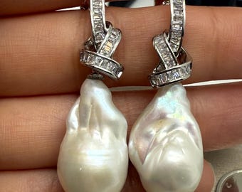 25x15mm Huge Genuine Freshwater Baroque Pearl Earrings 18K White Gold on Sterling Silver Stamped S925 Both Posts Baguette Cubic Zirconia