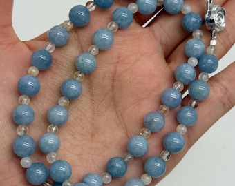 8mm Genuine Aquamarine Bead Necklace Silver Tone Floral Magnet Clasp Clear Quartz Spacer Bead 18” Inch Length