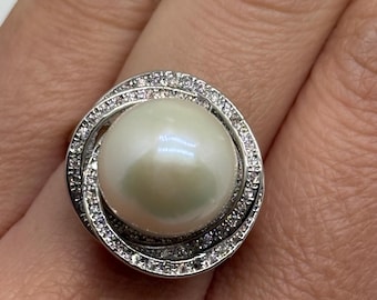 13mm Large 5A Genuine Freshwater Pearl Ring 18K White Gold Plate Halo Set Bold Statement Adjustable  Cubic Zirconia