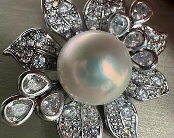 13mm Genuine 4A Genuine Freshwater Pearl Pendant Strong Blue Overtone High Luster 3D Floral Motif 18K White Gold Bold Statement Jewelry Gift
