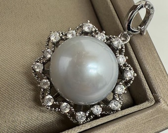 14.2mm Genuine 5A Freshwater Pearl Pendant Open Latch Near Flawless Light Grey Beautiful Luster 18K White Gold Plate Cubic Zirconia