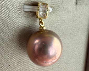 13.3mm Genuine Freshwater Purple Pearl Pendant Peacock Overtone 18K Gold Plate Bail Cubic Zirconia