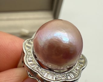 Vintage 13.3mm Large Genuine Freshwater Purple Pearl Ring Adjustable 18K White Gold Plate Cubic Zirconia