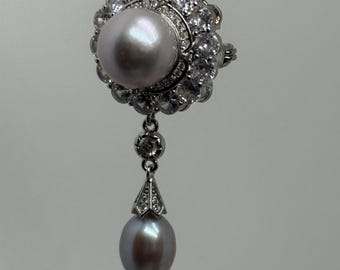 11mm Genuine Freshwater Grey Pearl Convertible Pendant Brooch 18K Gold Plate Cubic Zirconia Dangle Elegant Lariat Style
