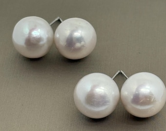 13mm+ Large Genuine Freshwater Pearl Stud Earrings High Luster Sterling Silver Posts Stamp S925 Timeless Classic Elegant