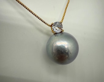 13.8mm Huge Genuine Freshwater Grey Pearl 18K Gold Plate Pendant 18” Adjustable Chain Subtle Green Overtone