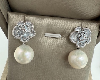 12.3mm Genuine Freshwater Pearl Earrings Floral Motif Sterling Silver Posts Stamped S925