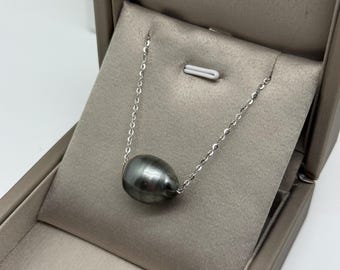 16x13mm Genuine Saltwater Baroque Tahitian Black Pearl Pendant Sterling Silver Chain Length Adjustable 18”