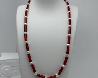 Pearl & Carnelian Beaded Necklace: 18K Gold Clasp, Adjustable Choker