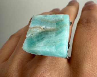 Natural Larimar Statement Ring: Earth Mined Gemstone, Carved Stone