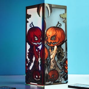 EXCLUSIVE Halloween Pumpkin Wooden Night Light – Handmade LED Lamp with Ja.ck O Lantern & Spooky Castle–Unique Gift for Halloween Decoration