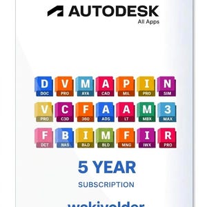 May include: A white card with the Autodesk logo and the text "All Apps." It features colorful blocks with software abbreviations and the text "5 YEAR SUBSCRIPTION." The word "wakivolder" is at the bottom.