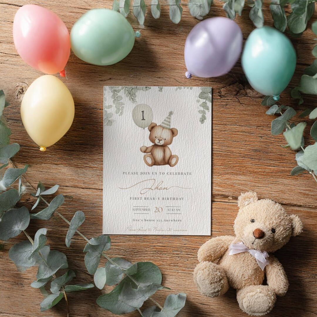 Teddy Bear First Birthday Invitation Template, Boy 1st Birthday Invite ...