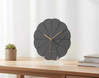 Modern Grey Flower Wall Clock, Silent Scandi Decor, 12 Inch