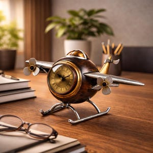 May include: A vintage-style airplane clock with a brown and gold finish. The clock features a round face with Roman numerals and two propellers. It sits on a wooden desk with books and glasses.