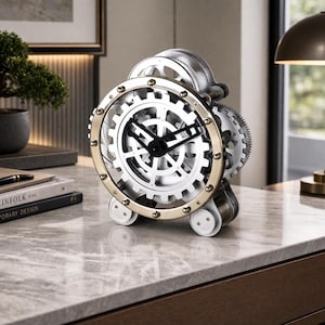 May include: A silver and gold-toned mechanical clock with visible gears. The clock features a round face with black hands and a gold-colored bezel. The clock sits on a marble-like surface, showcasing a unique industrial design.