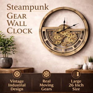 May include: A large, round steampunk gear wall clock with a vintage industrial design. The clock features real moving gears and measures 66 cm in diameter. The clock's frame is a warm, metallic colour, and the hands are black.