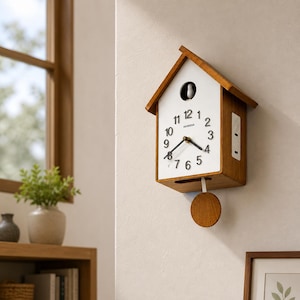 May include: A wooden cuckoo clock with a white face and a brown frame. The clock has black hands, a pendulum, and a small bird that pops out. The clock is mounted on a light-colored wall. The clock's face has the numbers 1 through 12.