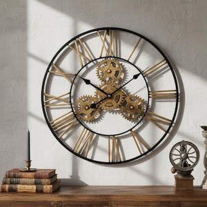 Oversized Gear Wall Clock, Steampunk Roman Numeral Metal Art, 24"