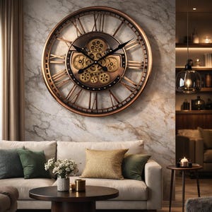 May include: A large, round wall clock with a bronze frame and Roman numerals. The clock face has visible gears and a dark centre. The clock is mounted on a marble-patterned wall above a beige sofa with green and gold cushions.