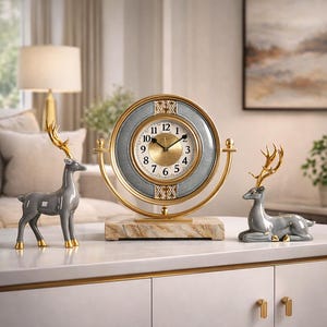 Op de afbeelding: Een decoratieve tafelklok met een goudkleurig frame en een grijze wijzerplaat, geplaatst op een marmeren voet. Twee grijze hertenbeeldjes met gouden geweien en hoeven flankeren de klok. De klok is ongeveer 20 cm in diameter.