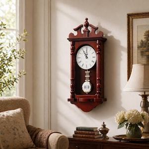 May include: A dark red wooden wall clock with a white clock face and black Roman numerals. The clock has a pendulum and is mounted on a wall. The clock is part of a home decor theme.