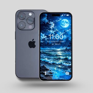 Blue Moon Ocean Night Sky AI Phone Wallpaper | Fantasy Beach Digital Download | Dreamy Coastal Art Wallpaper