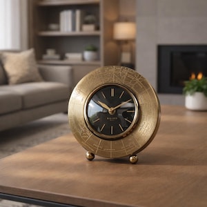 May include: A gold-coloured desk clock with a black face and gold hands. The clock features a world map design around the face and sits on a wooden table. The clock has the word "BIG BEN" printed on the face.