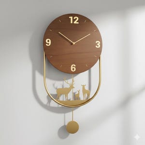 May include: A round, wooden wall clock with gold-colored hands and numerals. The clock face is brown with gold numerals at 12, 3, 6, and 9 o'clock. A gold-colored pendulum and deer silhouette design hangs below the clock face.