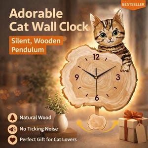 Wooden Cat Wall Clock | Silent Pendulum, Natural Wood, Cartoon Kitten Design