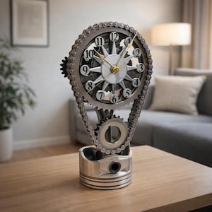 Industrial Gear Desk Clock – Metal Chain & Piston Table Clock, Vintage Steampunk Style Office Decor,