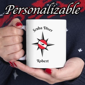 Custom Scuba Diving Mug, Personalized Diver Gift With Name, Dive Flag Compass Coffee Cup For Scuba Instructors, Dive Buddies & Ocean Lovers