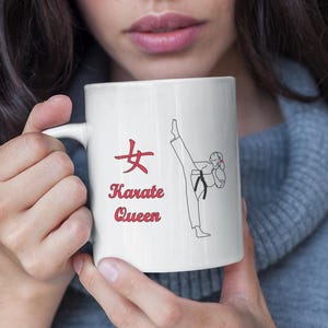 Karate Women Mug With Martial Arts Lady Doing High Kick, Karate Gift For Her, Black Belt Cup For Martial Artist Ladies, Girls & Karate Moms