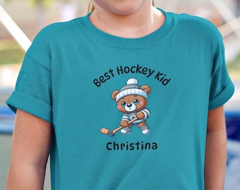 Custom Kids Hockey Bear T-Shirt, Personalized Name Shirt, Hockey Kid Boys Girls Tee, Customizable Sports Children Youth Teen Tshirt Gift