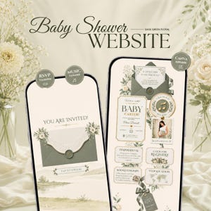 Könnte beinhalten: Eine digitale Babyparty-Website-Vorlage auf zwei Smartphones, mit salbeigrünen Blumenakzenten, einer Umschlag-Grafik mit Wachssiegel sowie interaktiven Schaltflächen für RSVP, Musik, Geschenkliste und Standort auf cremefarbenem Hintergrund.