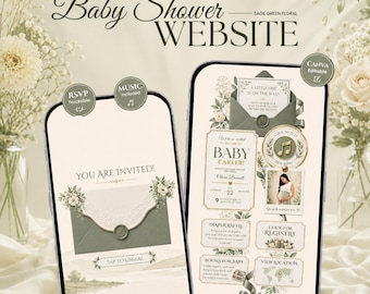 Może przedstawiać: Szablon strony internetowej na baby shower wyświetlony na dwóch smartfonach, z szałwiowo-zielonymi akcentami kwiatowymi, grafiką koperty z woskową pieczęcią oraz interaktywnymi przyciskami RSVP, muzyki, rejestru i lokalizacji na kremowym tle.