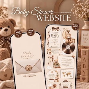 Op de afbeelding: Een digitale babyshower website template met een bruin teddybeer thema. De mobiele schermen tonen uitnodigingsdetails, een luierloterij, boekenverzoek, cadeaulijst en RSVP-secties met gouden accenten en crèmekleurige achtergronden.