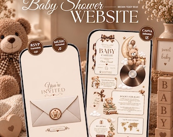 Może przedstawiać: Szablon strony internetowej na baby shower z motywem brązowego misia. Ekrany mobilne zawierają szczegóły zaproszenia, loterię pieluszkową, prośby o książki, rejestr prezentów oraz sekcje RSVP ze złotymi akcentami i kremowym tłem.