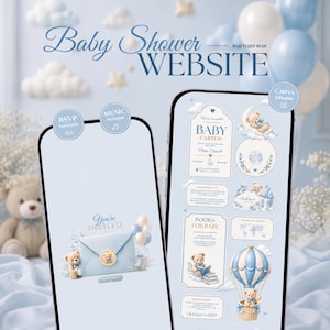 Può includere: Due smartphone che mostrano un modello di sito web per inviti a un baby shower con un tema a orsetto blu. Gli schermi presentano testo tra cui Baby Carter, RSVP e Books for Baby, insieme a illustrazioni di orsetti, palloncini e una mongolfiera.