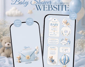 Modello di sito web per baby shower con orsetto blu / Conferma di partecipazione, musica e conto alla rovescia / Sito web modificabile in Canva / Invito digitale