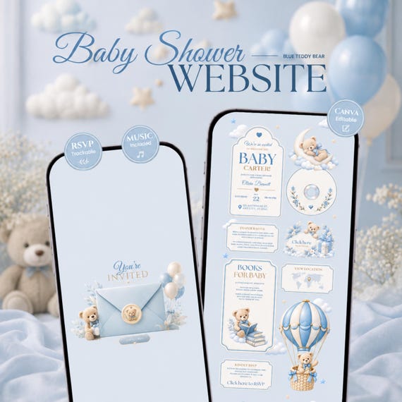 Blue Teddy Bear Baby Shower Website Template | RSVP, Music and Countdown Timer | Editable Canva Website | Digital Invitation