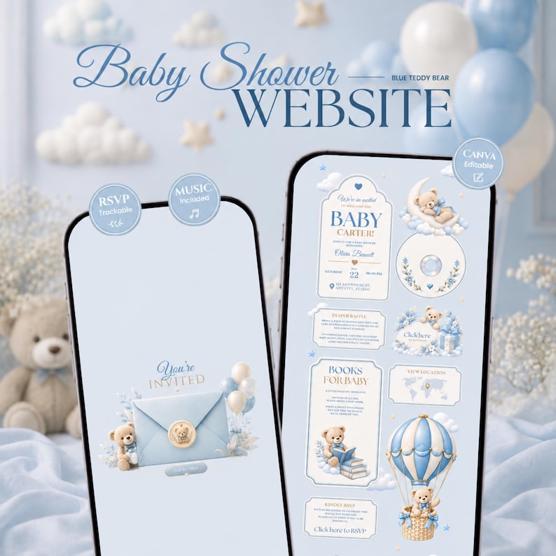 Może przedstawiać: Dwa smartfony wyświetlające szablon strony internetowej z zaproszeniem na baby shower z motywem niebieskiego misia. Ekrany zawierają tekst, w tym Baby Carter, RSVP i Books for Baby, oraz ilustracje misi&oacute;w, balon&oacute;w i balonu na ogrzane powietrze.