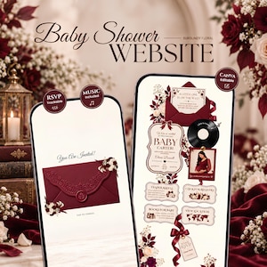 May include: Two smartphones display a digital baby shower invitation website template featuring burgundy floral accents, a wax-sealed envelope, a vinyl record graphic, and interactive buttons for RSVP, registry, and location details on a white background.