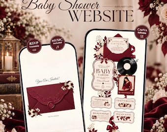 Może przedstawiać: Dwa smartfony wyświetlają szablon strony internetowej z zaproszeniem na baby shower, ozdobiony bordowymi kwiatami, kopertą z pieczęcią lakową, grafiką płyty winylowej oraz interaktywnymi przyciskami RSVP, rejestrem prezentów i lokalizacją.