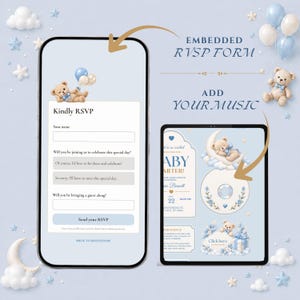 Może przedstawiać: Smartfon i tablet wyświetlające cyfrowe szablony zaproszeń na baby shower z grafikami misi&oacute;w, niebieskimi balonami i chmurami. Ekrany pokazują osadzony formularz RSVP, opcje muzyczne oraz szczeg&oacute;ły wydarzenia z tekstem w kolorze niebieskim i białym.