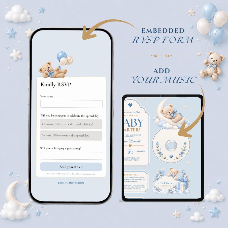 Może przedstawiać: Smartfon i tablet wyświetlające cyfrowe szablony zaproszeń na baby shower z grafikami misi&oacute;w, niebieskimi balonami i chmurami. Ekrany pokazują osadzony formularz RSVP, opcje muzyczne oraz szczeg&oacute;ły wydarzenia z tekstem w kolorze niebieskim i białym.