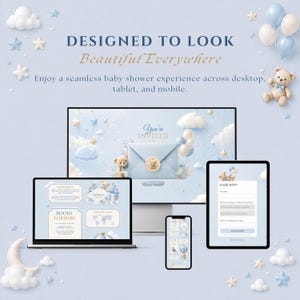 Może przedstawiać: Cyfrowy zestaw zaproszeń na baby shower wyświetlany na monitorze stacjonarnym, tablecie i smartfonie. Projekt zawiera jasnoniebieskie odcienie, misie, chmury i gwiazdy z tekstem "DESIGNED TO LOOK Beautiful Everywhere" oraz "You're INVITED".