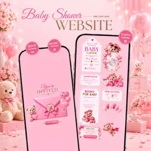 Può includere: Due smartphone che mostrano un modello di sito web per baby shower rosa con grafiche di orsetti, palloncini e accenti floreali. Gli schermi mostrano i dettagli dell'invito, le opzioni RSVP e le informazioni sull'evento con testo tra cui Baby Shower Website, You're Invited e Baby Carter.