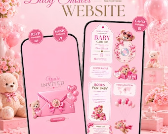 Może przedstawiać: Dwa smartfony wyświetlające różowy szablon strony internetowej na baby shower z grafikami pluszowych misiów, balonami i kwiatowymi akcentami. Ekrany pokazują szczegóły zaproszenia, opcje RSVP oraz informacje o wydarzeniu z tekstem Baby Shower Website, You're Invited i Baby Carter.